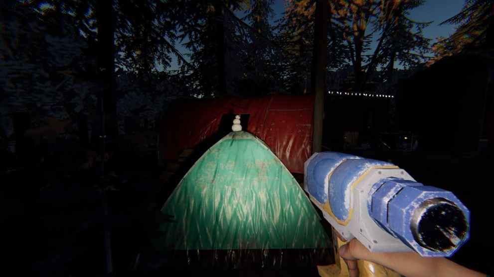 Dancing Snowman on top of teal tent in Phasmophobia