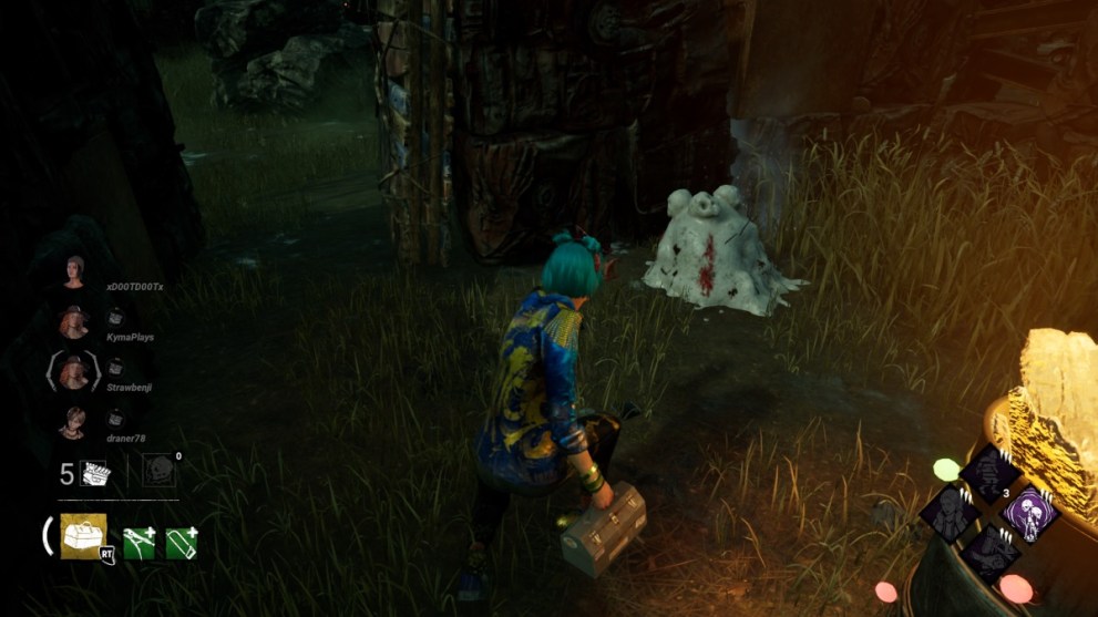 pointing at a snowskull pile in dead by daylight