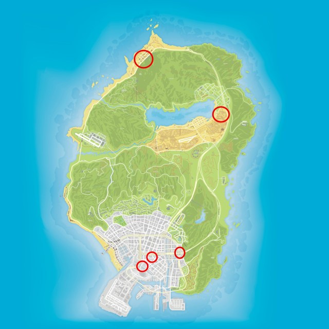 The GTA Online map showing Salvage Yard locations.
