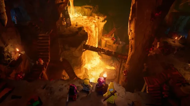 A group of characters looking into an underground cave in LEGO Fortnite.