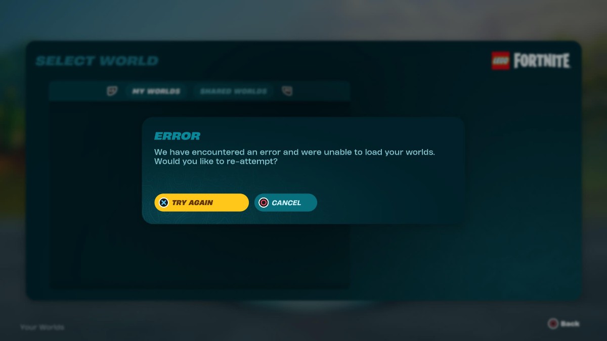 The 'Unable to Load Your Worlds' error screen in LEGO Fortnite.