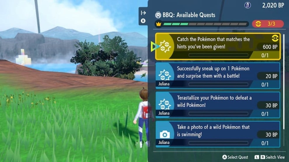 The BBQ quest menu in Pokemon Scarlet and Violet.