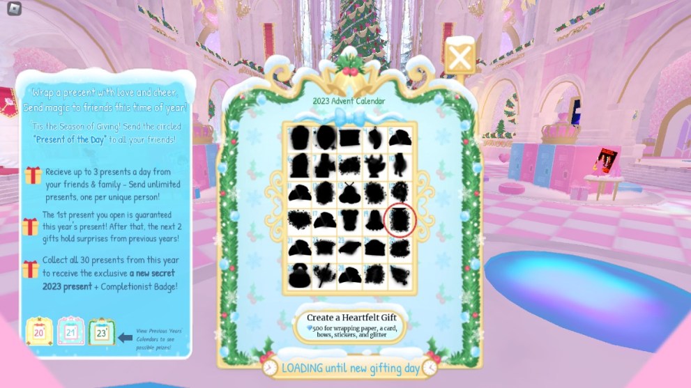 The 2023 Advent Calendar screen in Royale High.