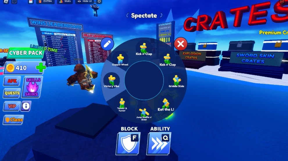 The emote wheel in Blade Ball.