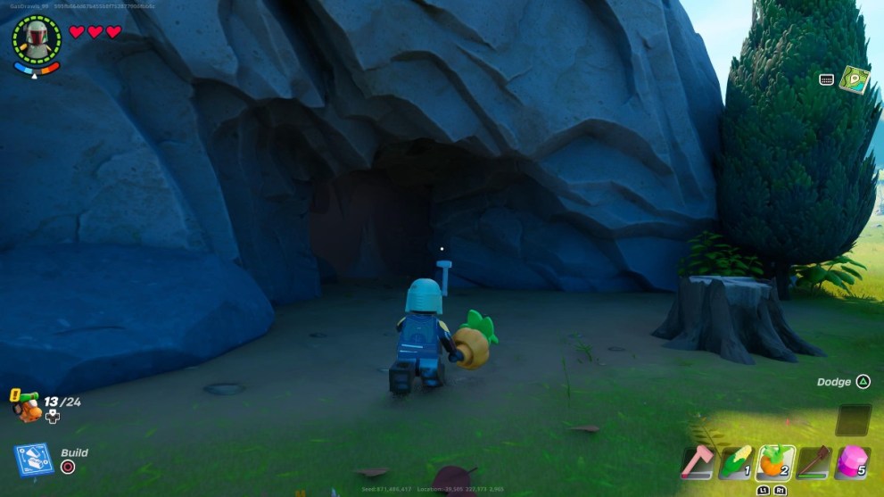 The player character running into a cave in LEGO Fortnite.