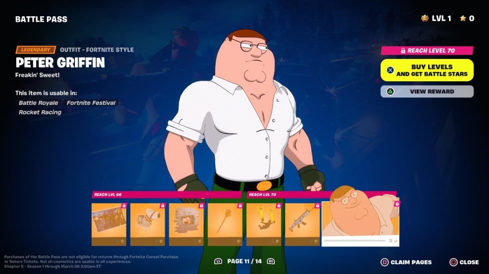 The Fortnite Peter Griffin skin on the Battle Pass menu.