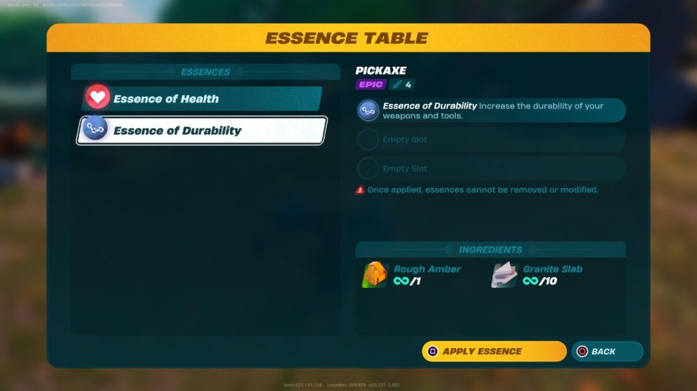 The LEGO Fortnite Essence Table showing the Essence of Durability