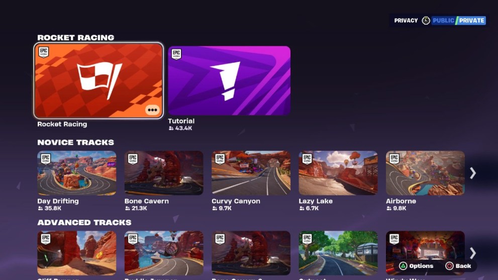 The race selection menu on Fortnite Rocket Racing.