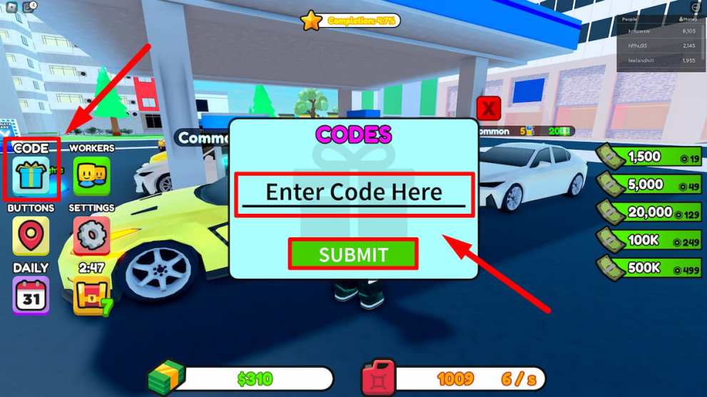 The code redemption screen in Gas Station Tycoon 2