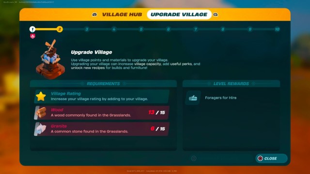 The Village upgrade menu in LEGO Fortnite.