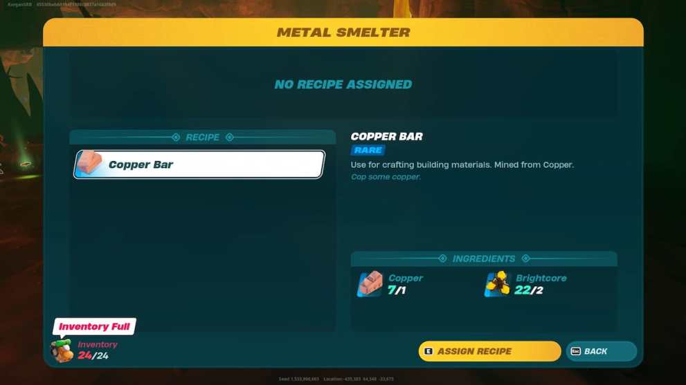 Crafting recipe for copper bar in LEGO Fortnite