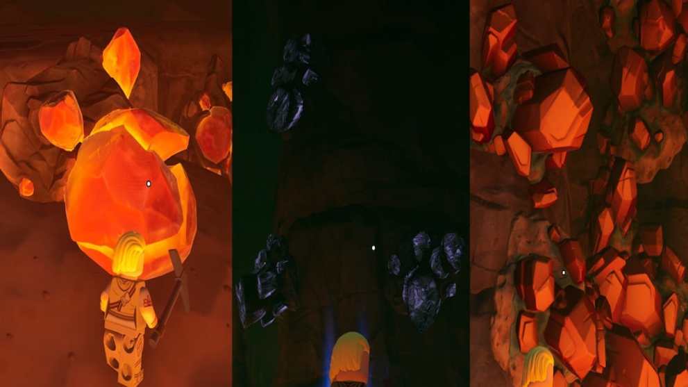 Side by side ores of brightcore, obsidian, and copper