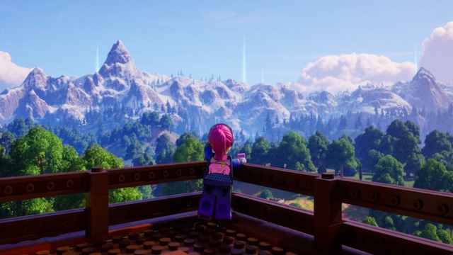 View of the mountains covered in snow in LEGO Fortnite.