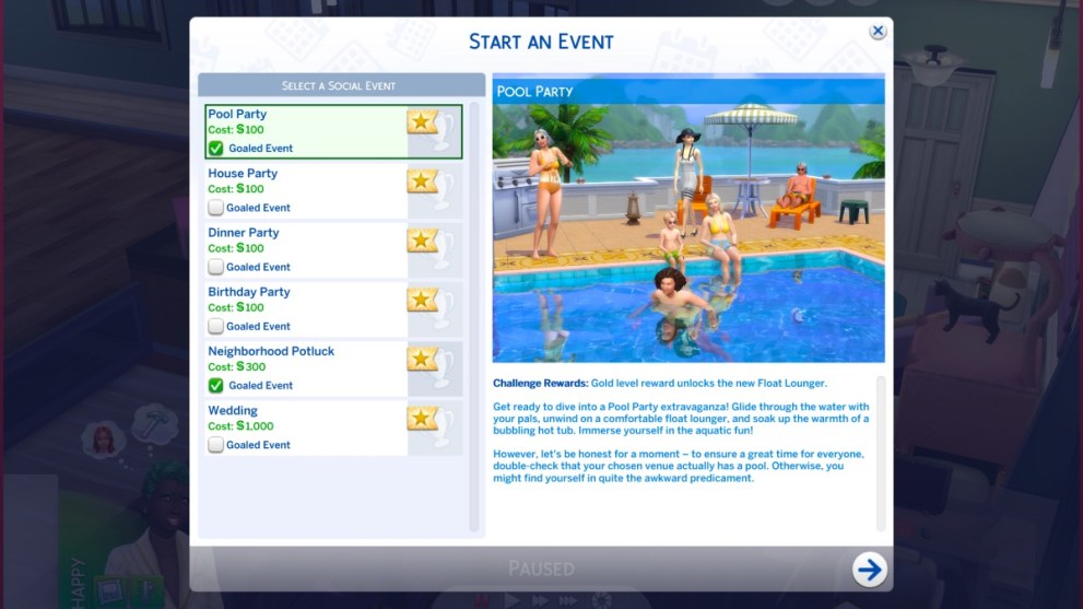 Sims 4 goaled events list