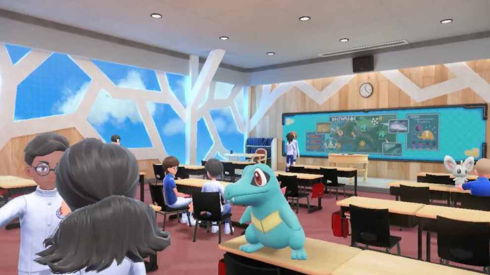 A scene from Pokemon Scarlet Violet Indigo Disk, showing Totodile stood on a table.