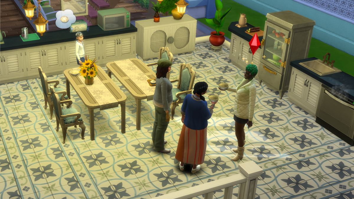 Sims eating and chatting in The Sims 4 potluck