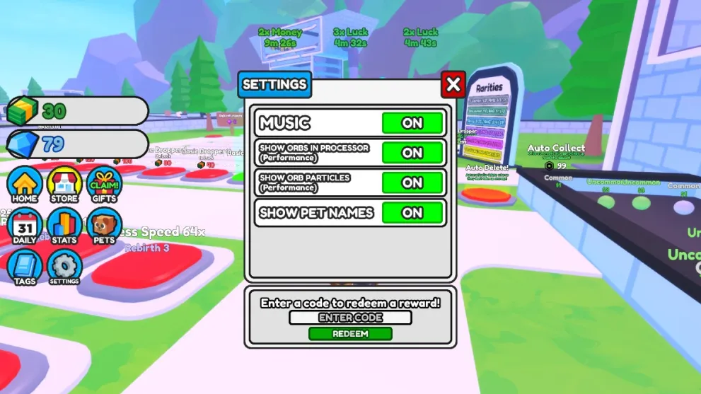 The code redemption screen in Rarity Factory Tycoon in Roblox.
