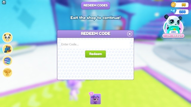 The code redemption screen in Roblox Littlest Pet Shop.