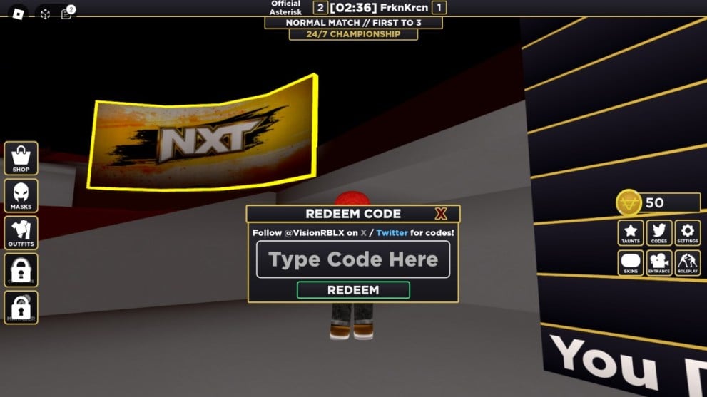 The code redemption page in Roblox WWE 2K23.