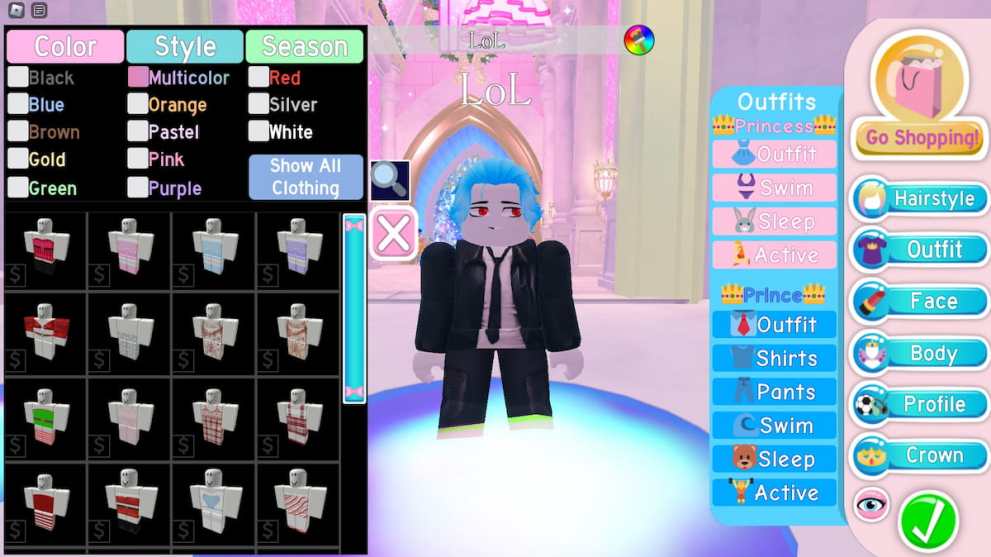 Character customization menu in Royale High