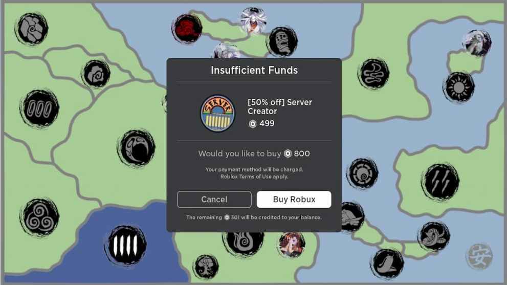 Insufficient funds message in Shindo Life on Roblox.