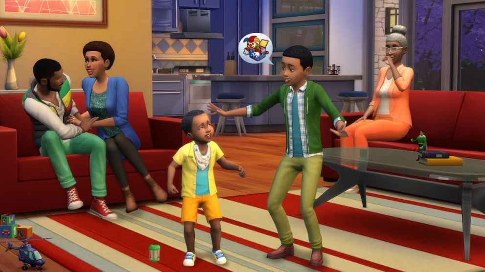 A Sims family sat in their living room.