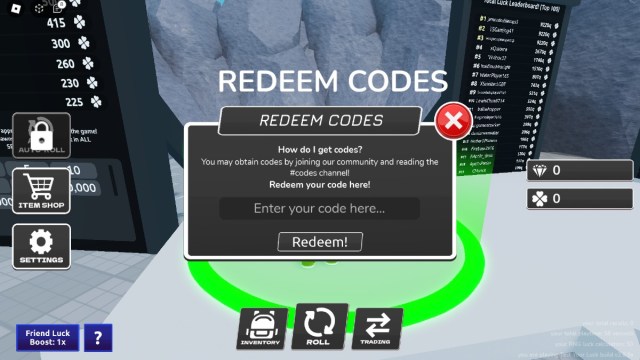 The code redemption screen in Test Your Luck.