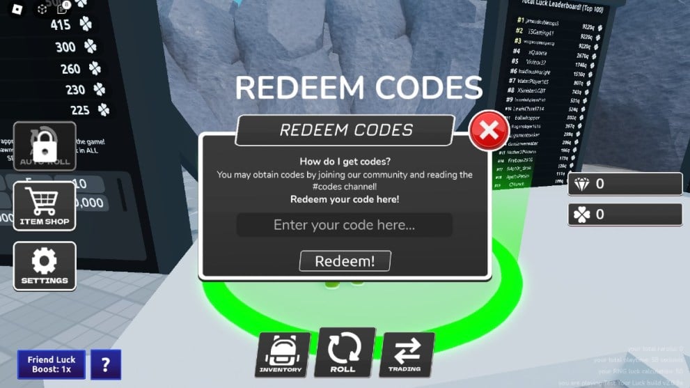 The code redemption screen in Test Your Luck.