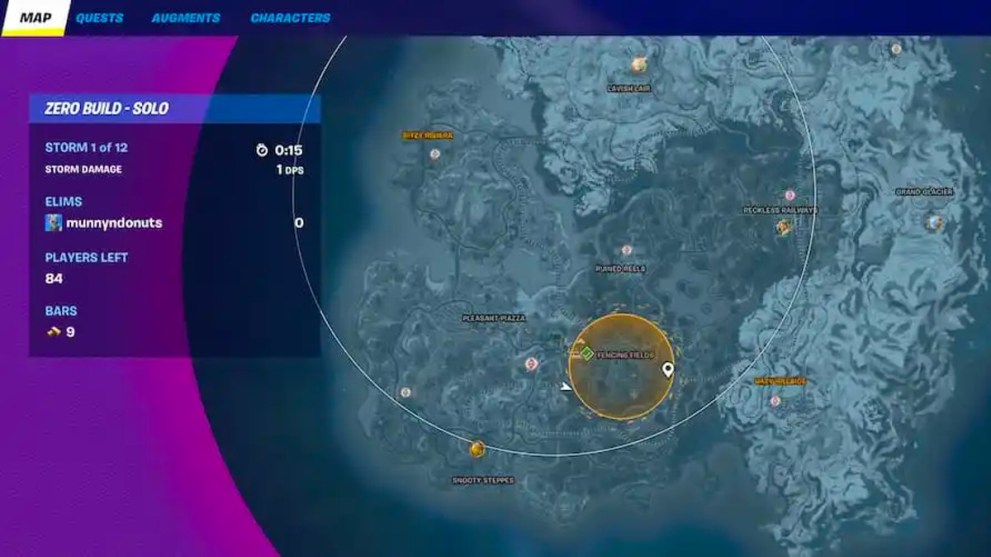 The shrinking Fortnite map with a yellow circle in the middle.