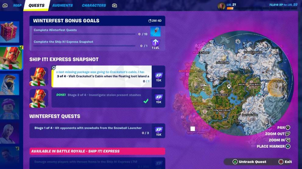 The quests menu showing Crackshot's Cabin in Fortnite.