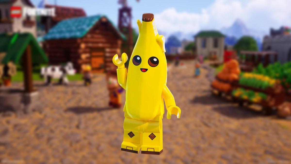 LEGO Peely against a village background in LEGO Fortnite