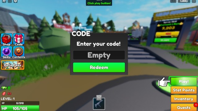 The code redemption screen in Zombie Hunters on Roblox.
