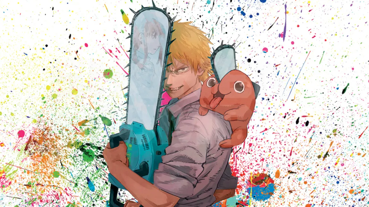 Denji Holding Chainsaw With Makima Reflected in Blade in Chainsaw Man Manga Promotional Art