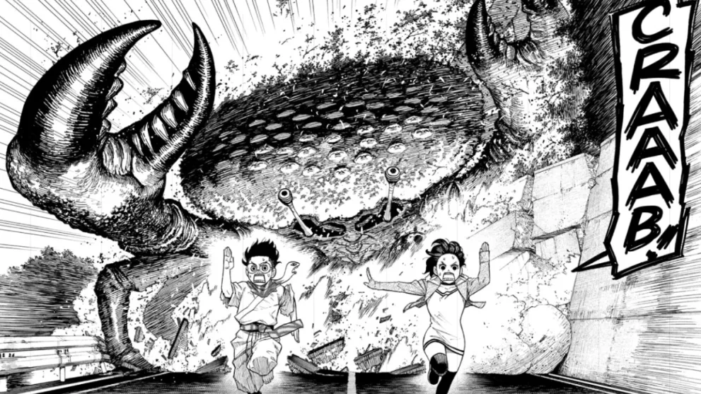 Takakura and Momo Running From Giant Crab in Dandadan Chapter 6