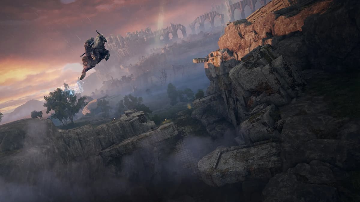 The protagonist jumps over a large gap with their horse, Torrent, in Elden Ring