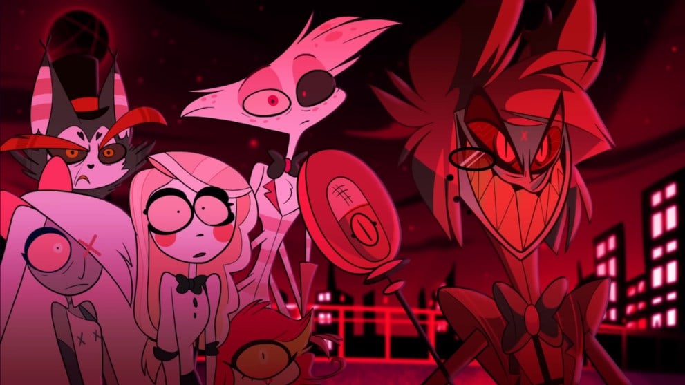 Alastor Smiling Evilly While Other Characters Watch in Hazbin Hotel Pilot