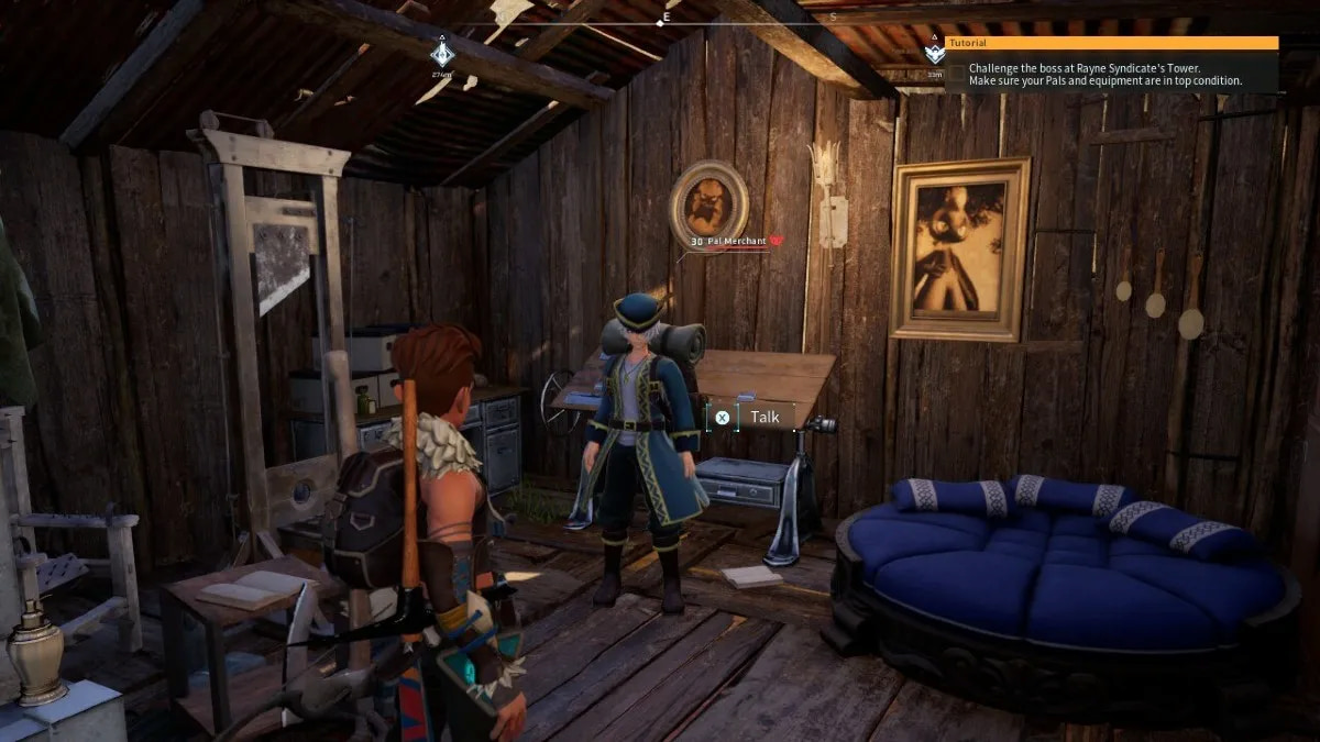 the player in a merchant's house in Palworld