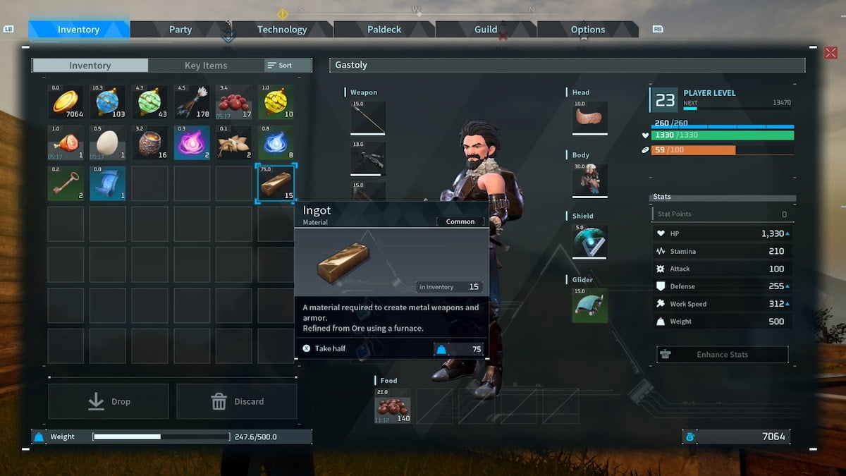 A player's inventory in Palworld showing ingots