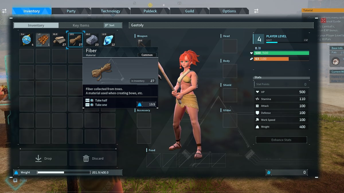 The inventory screen showing Fiber in Palworld