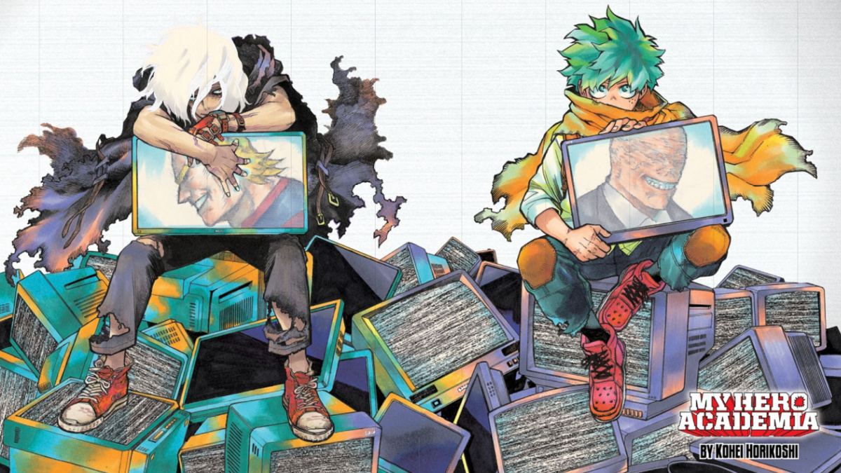 Shigaraki and Midoriya Sitting Next to Each Other on Pile of TVs in My Hero Academia Chapter 306 Color Spread