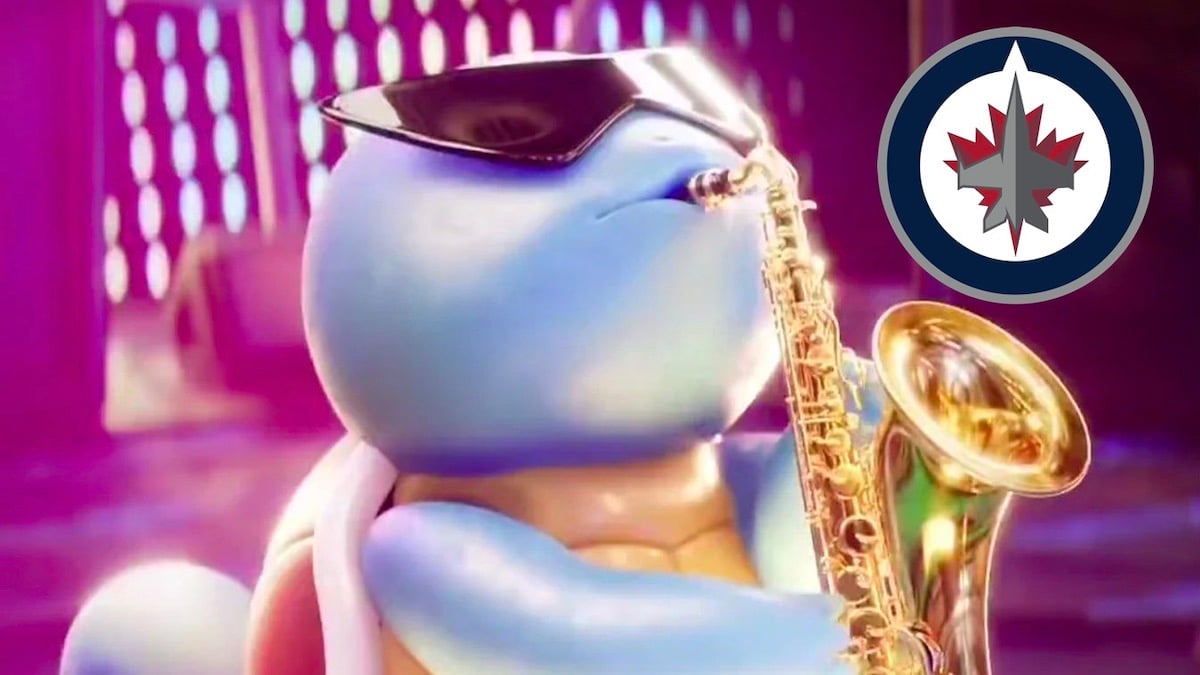 The Saxophone Squirtle meme pictured with a Winnipeg Jets logo