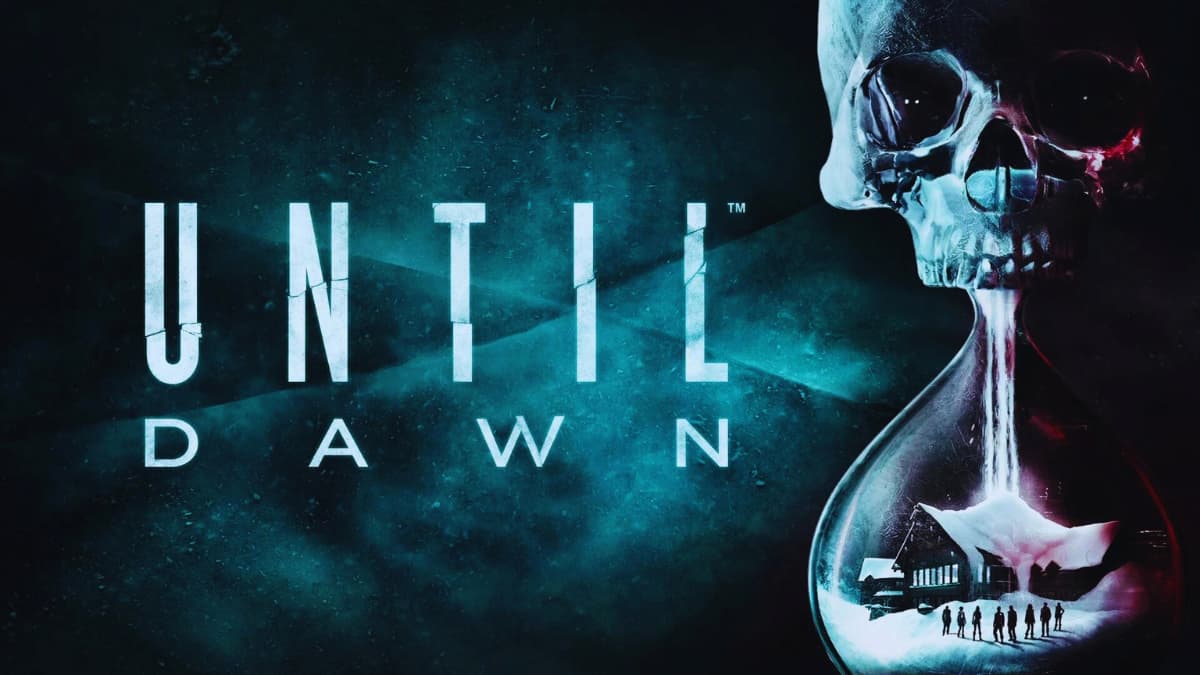 The promo for Until Dawn with the skull hour glass and a snowy cabin inside