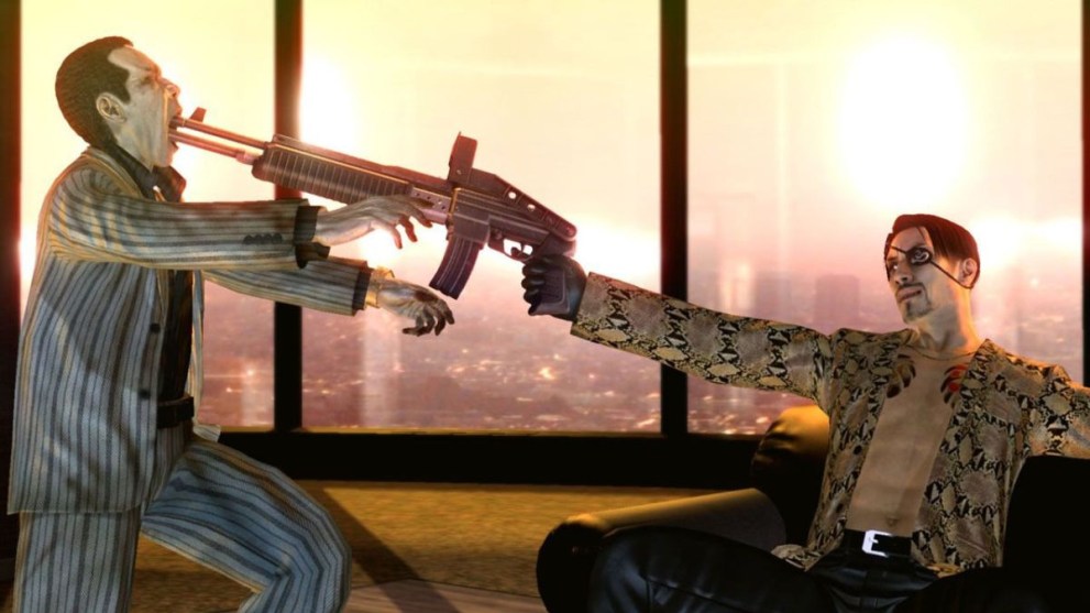 Majima Aiming Gun Into Zombie's Mouth in Yakuza Dead Souls