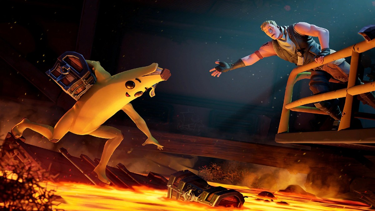 Peely and Jonesy by a pool of lava in Fortnite.