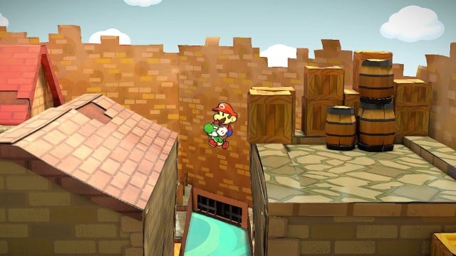 Mario and Yoshi jumping onto a rooftop in Paper Mario: The Thousand-Year Door.