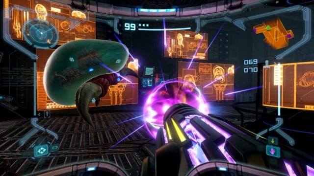 Samus firing at an enemy in Metroid Prime Remastered.