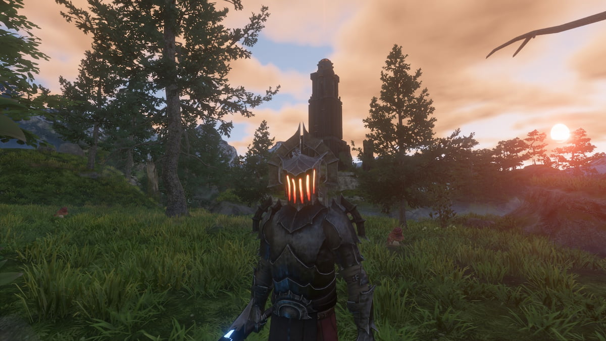 Enshrouded character with an Ancient Spire in the background