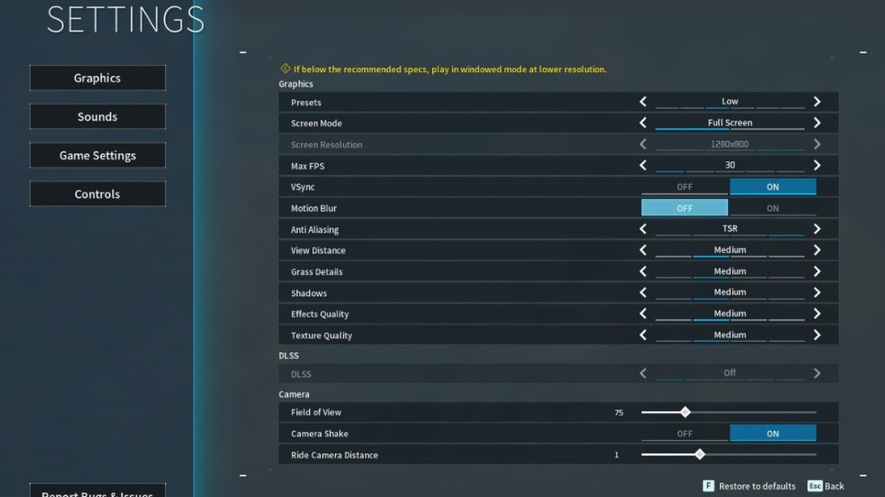 The Settings menu in Palworld.