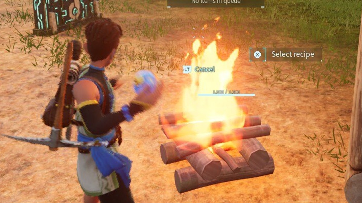 The player character cooking on a fire in Palworld.