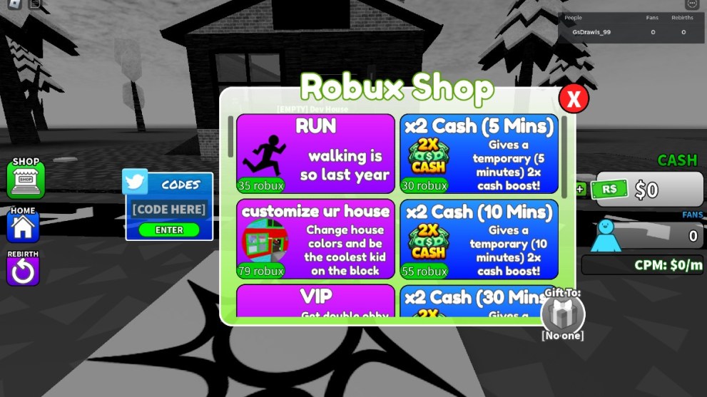 The code redemption page in Create Games Tycoon on Roblox.